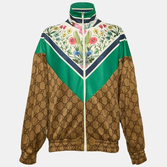 Gucci Brown/green Floral And Gg Print Jersey Zip-Up Track Jacket Xxs